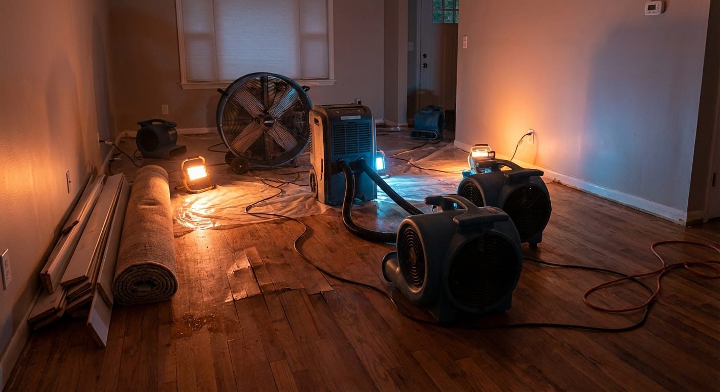 DryResponse air movers and dehumidifier drying a water-damaged hardwood floor